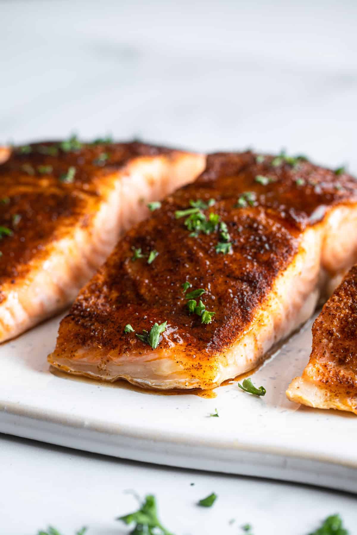 Cajun Salmon side view close up of fillets