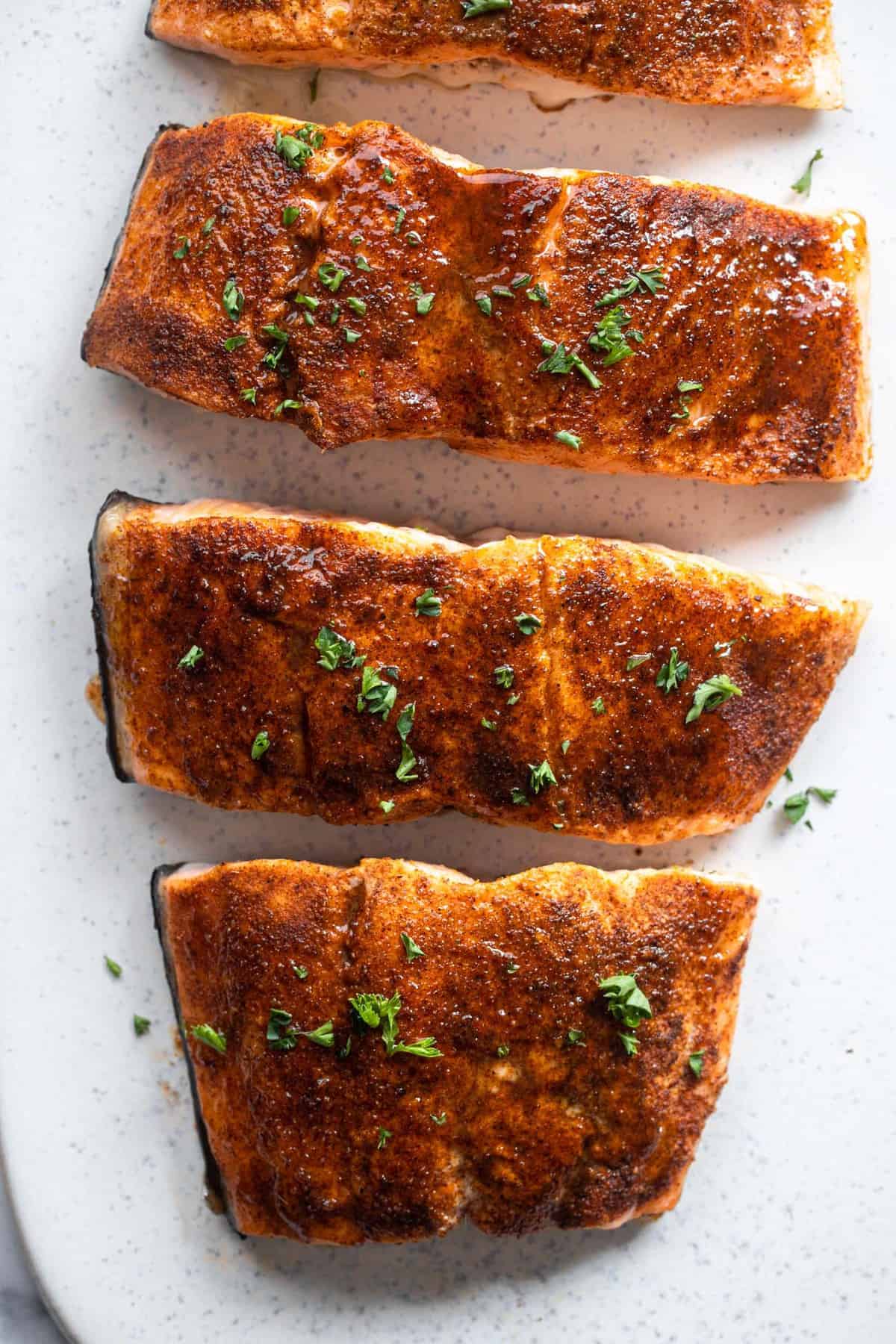 Honey Cajun Salmon close up of fillets on a plate