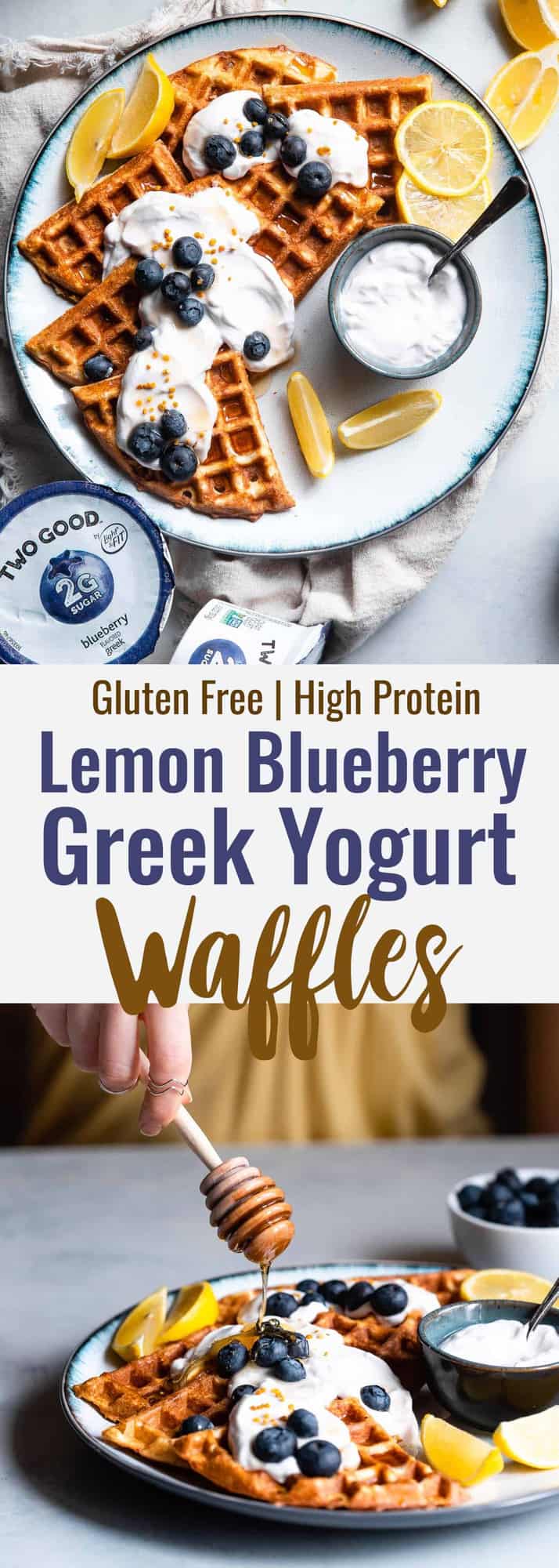 Lemon Blueberry Gluten Free Greek Yogurt Waffles - These gluten free waffles are so crispy and fluffy you will never believe they're low fat, oil free, protein packed and only 170 calories! | #Foodfaithfitness | #Glutenfree #Lowfat #Healthy #Waffles #Breakfast