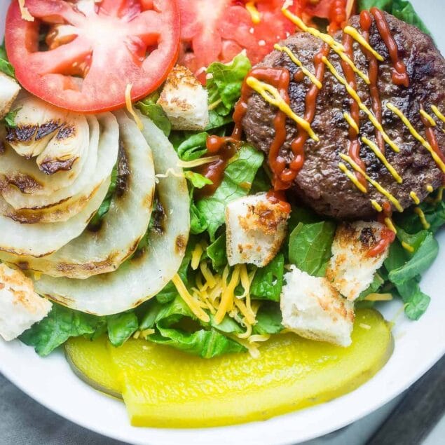 close up of Cheeseburger bowl with toppings