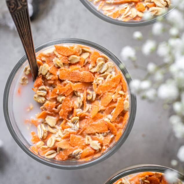 Healthy carrot cake overnight oats close up with toppings