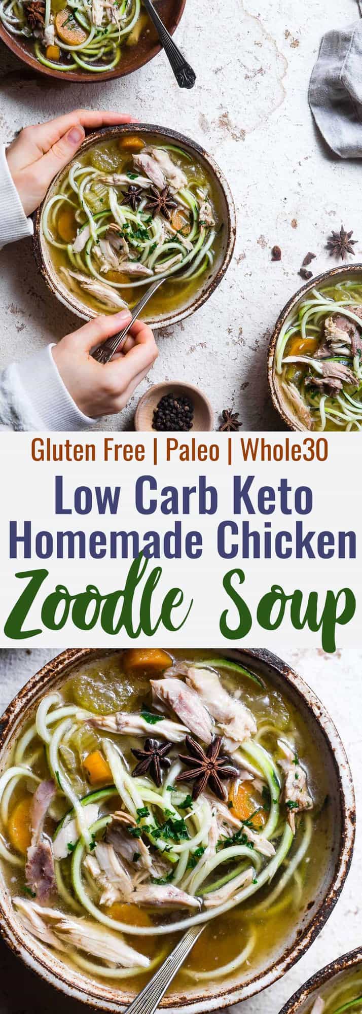 Low carb Chicken Zoodle Soup - This easy homemade healthy keto Chicken Zoodle Soup uses zucchini noodles so it's gluten free, low carb, paleo, whole30 AND packed with protein! You won't miss the noodles! | #Foodfaithfitness | #Glutenfree #Lowcarb #Keto #Whole30 #Paleo