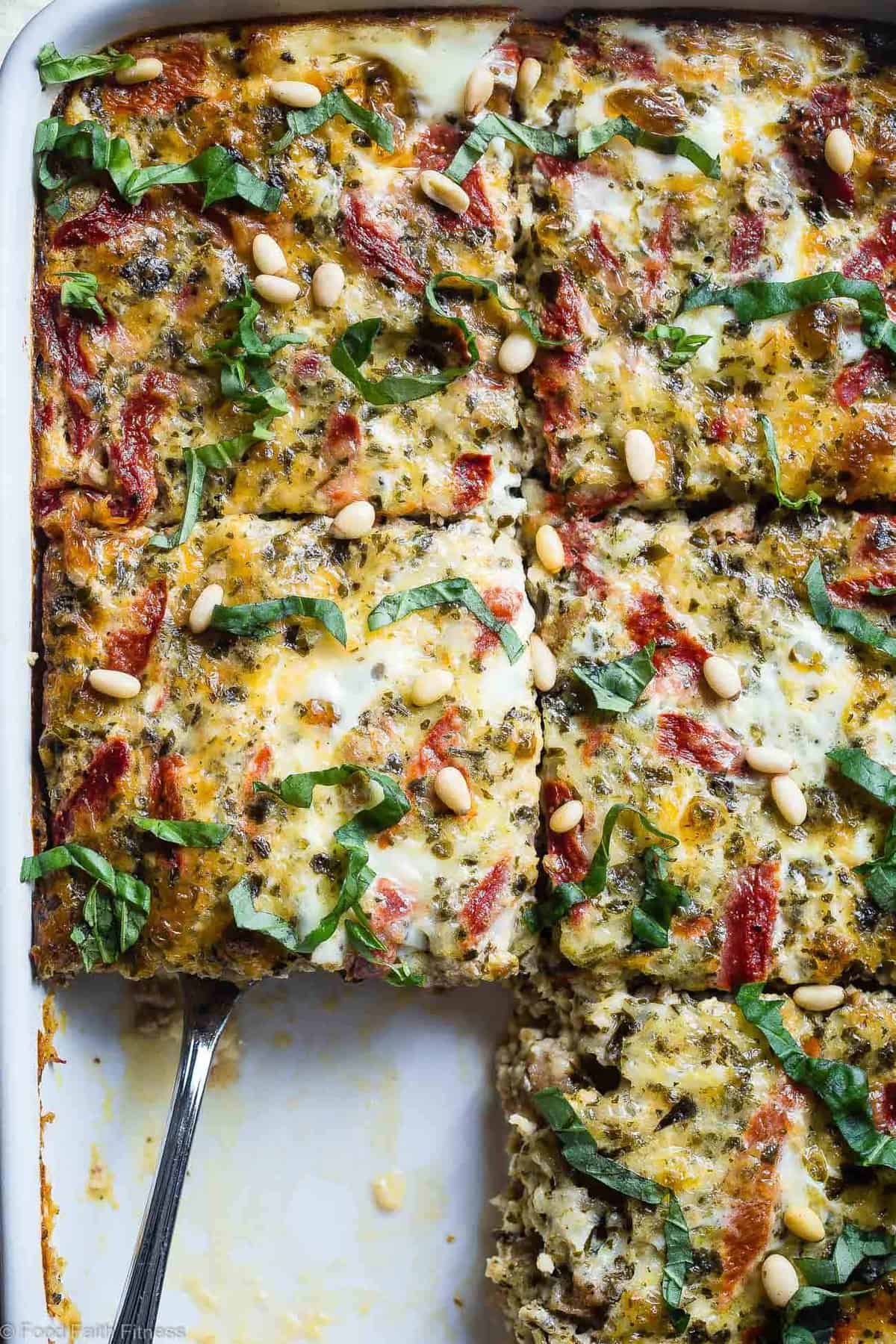 slices of Keto Breakfast Casserole in a baking dish