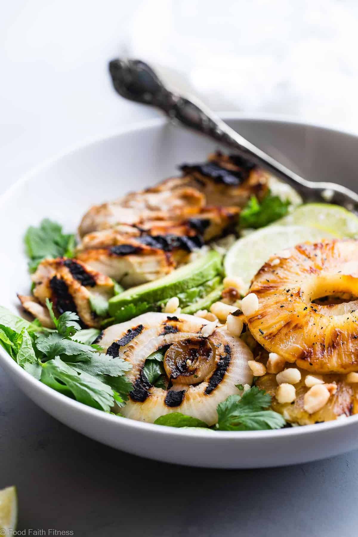  Grilled Tropical Chicken Bowls - These paleo and whole30 compliant Grilled Tropical Chicken bowls are an easy, healthy and gluten free weeknight dinner loaded with sweet and tangy island flavors! Sure to be a crowd pleaser! | #Foodfaithfitness | #Paleo #Whole30 #Glutenfree #Healthy #Chickendinner