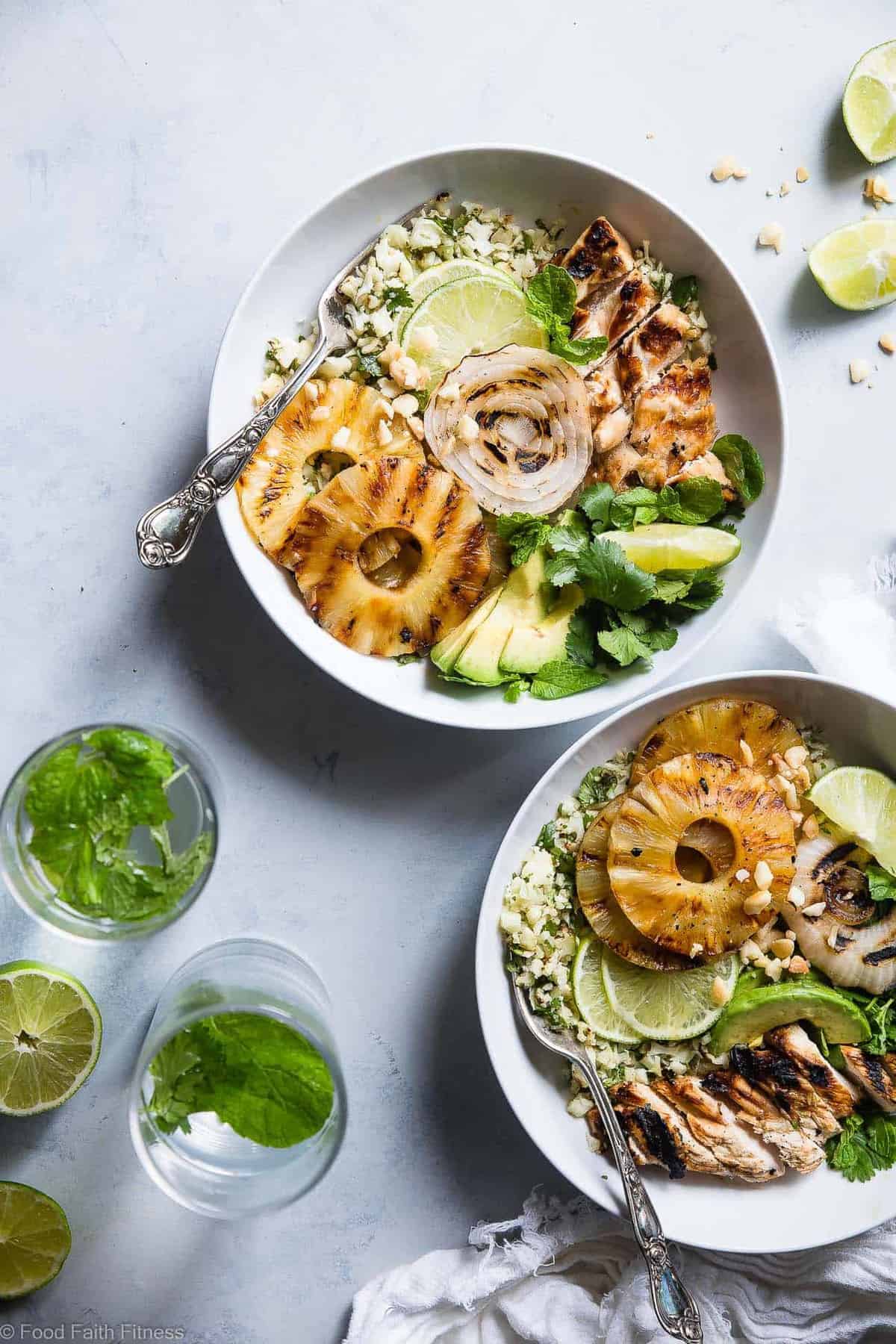  Grilled Tropical Chicken Bowls - These paleo and whole30 compliant Grilled Tropical Chicken bowls are an easy, healthy and gluten free weeknight dinner loaded with sweet and tangy island flavors! Sure to be a crowd pleaser! | #Foodfaithfitness | #Paleo #Whole30 #Glutenfree #Healthy #Chickendinner