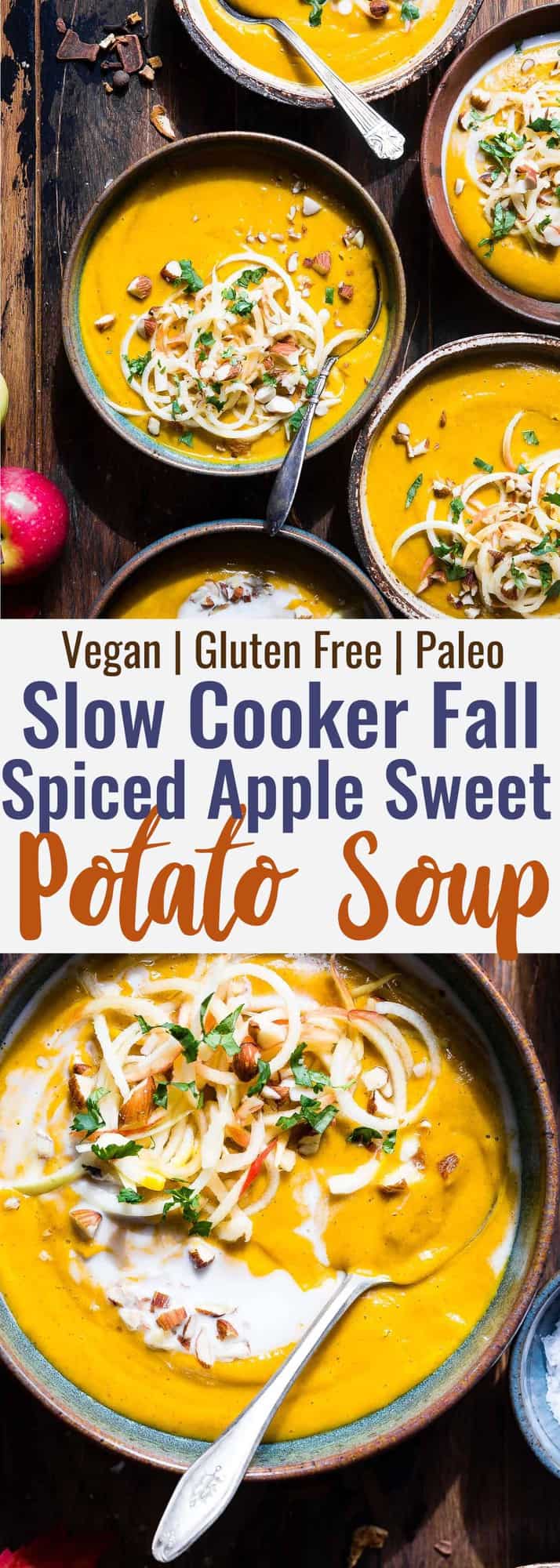 Slow Cooker Creamy Fall Vegan Sweet Potato Soup - this healthy sweet potato soup is made in the slow cooker for an EASY weeknight dinner that is loaded with spicy-sweet, cozy flavor! Gluten free, paleo and SO creamy and delicious! | #Foodfaithfitness | #Paleo #Glutenfree #Vegan #Dairyfree #slowcooker