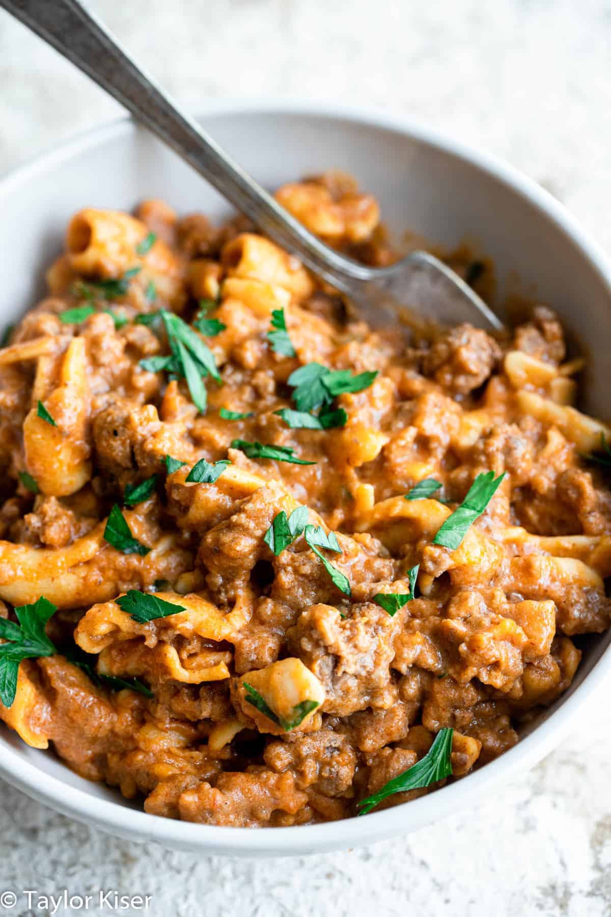 homemade healthy hamburger helper in a serving bowl