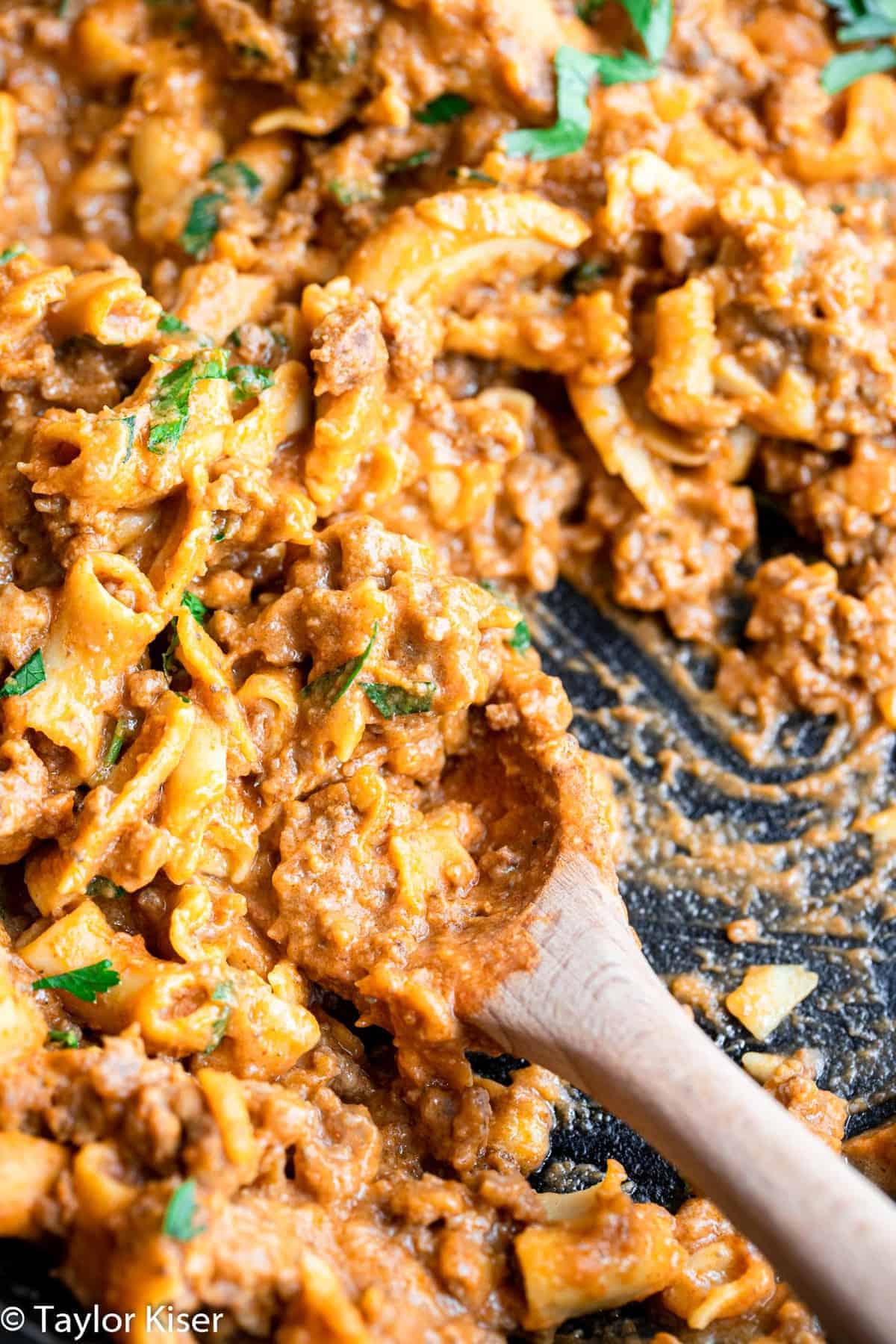 overhead photo of hamburger helper in a skillet