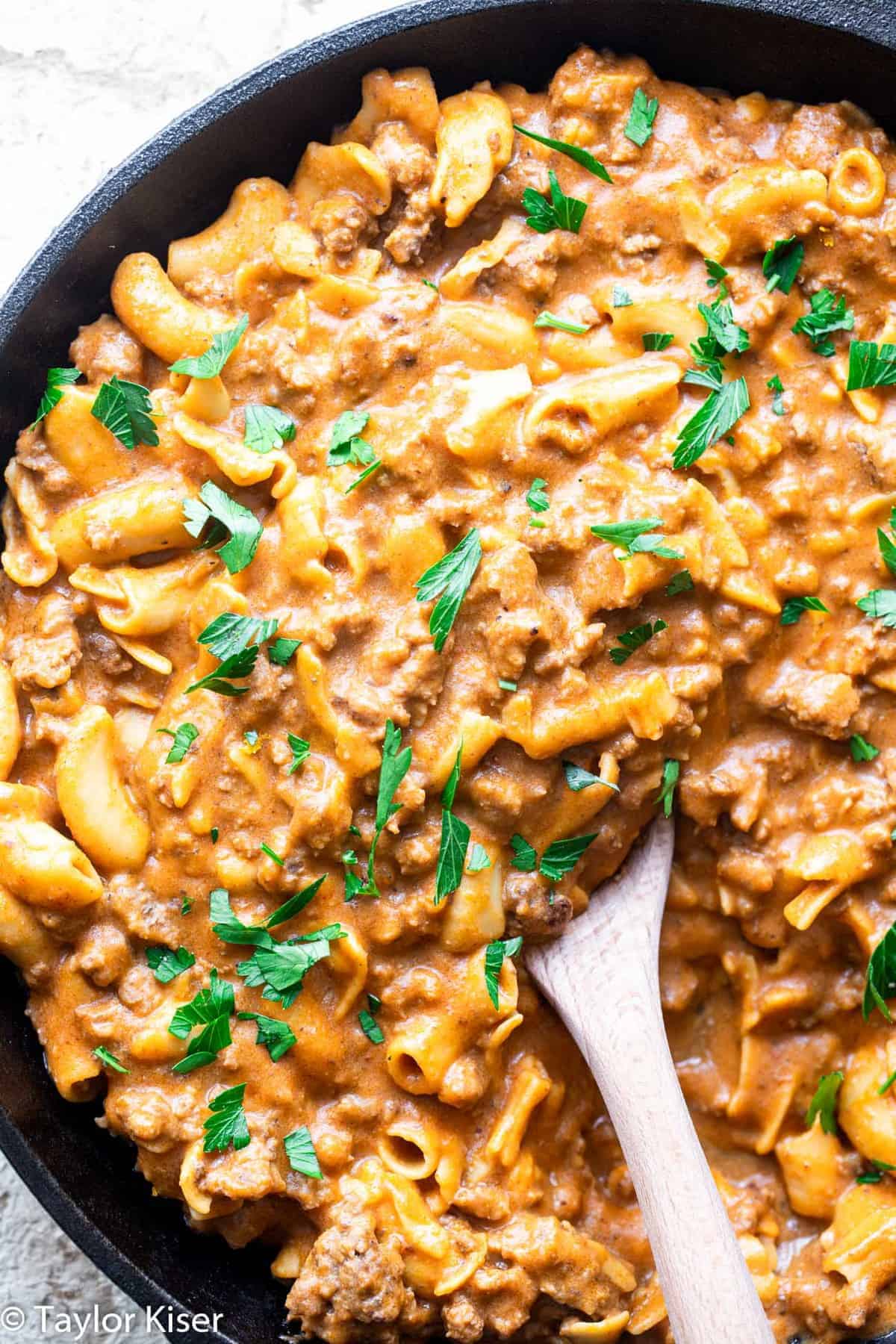 close up of homemade healthy hamburger helper in a frying pan