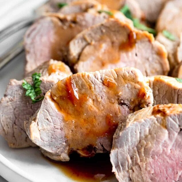 Instant Pot Pork Tenderloin on a plate with sauce