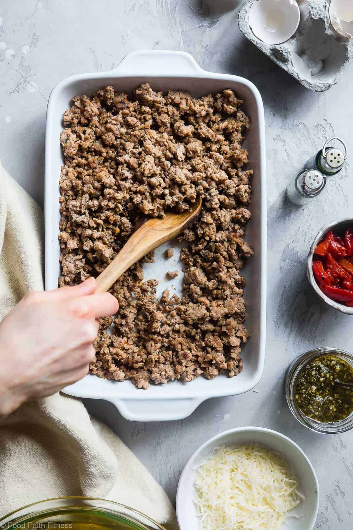 ground beef for Keto Breakfast Casserole being arranged in baking dish