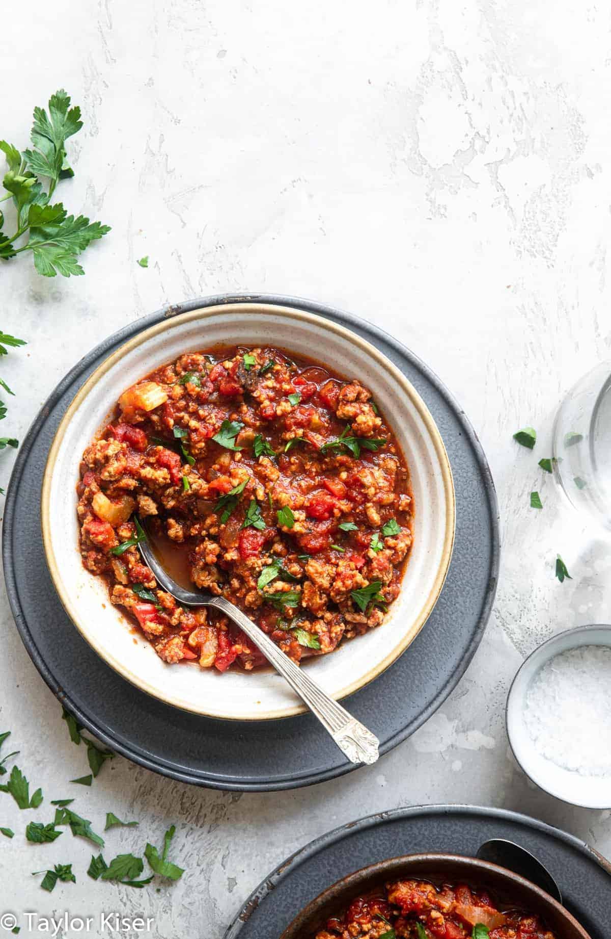 keto friendly chili in a bowl with parley