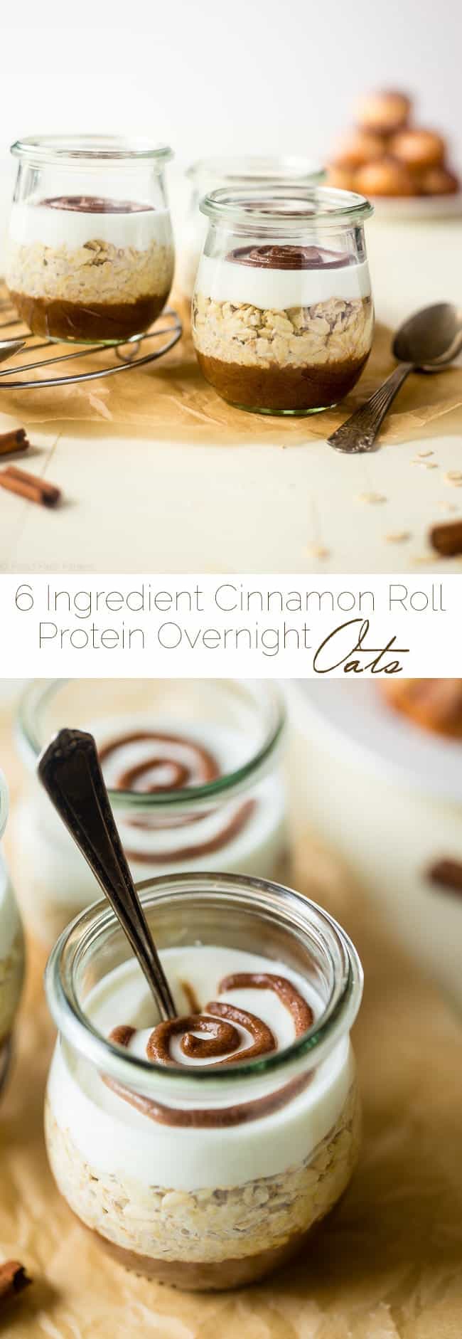 Cinnamon Roll Overnight Oats - These quick and easy overnight oats are packed with protein and taste just like a cinnamon roll. Perfect for a healthy, gluten free make-ahead breakfast on busy mornings! | Foodfaithfitness.com | @FoodFaithFit