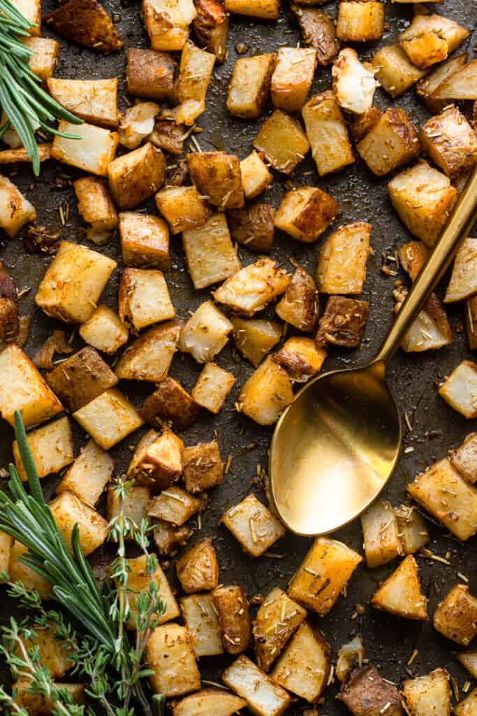 baking sheet covered in Roasted Russet Potatoes